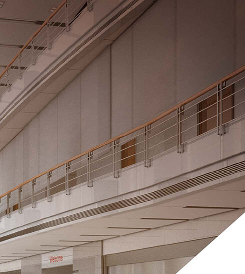Certified Tecnitex smoke curtains integrated into multilevel building for compliant smoke control