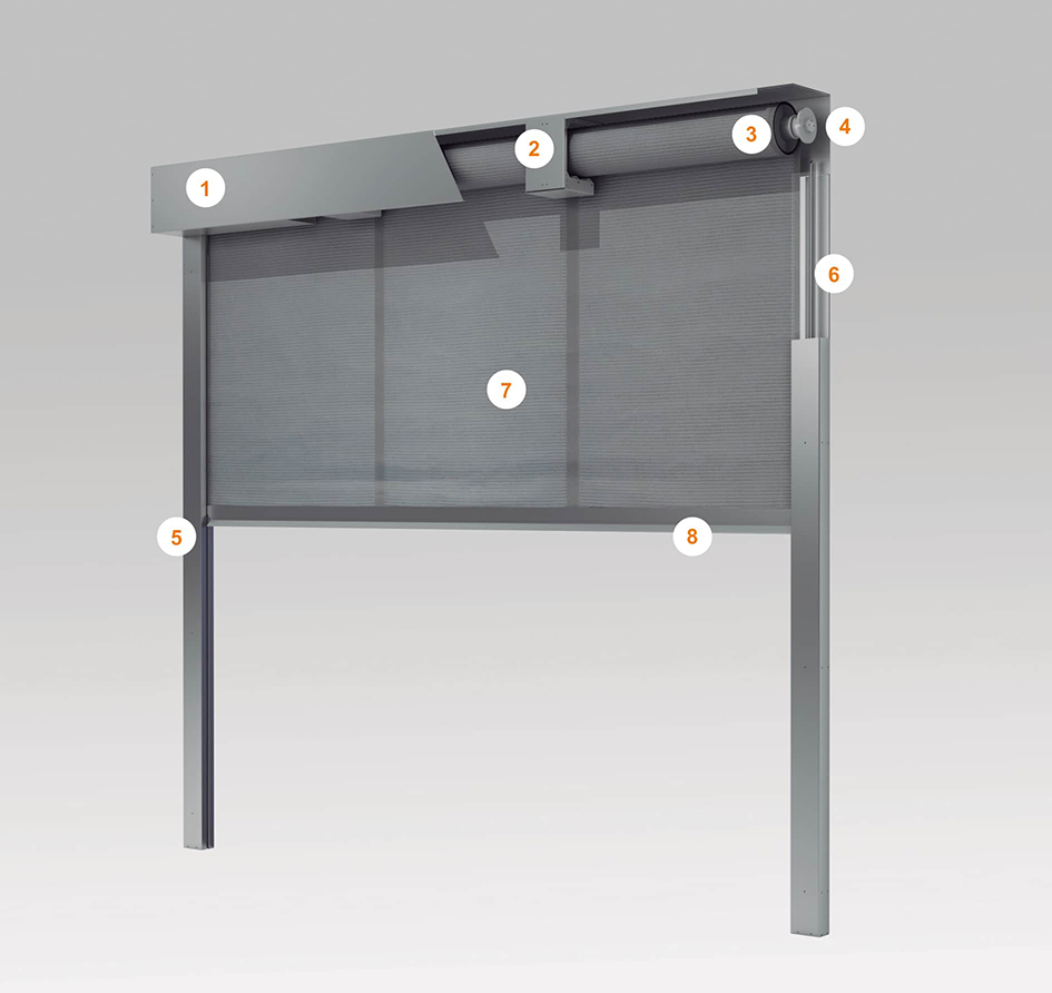 Diagram of a Tecnitex fire curtain system with numbered components: housing, roller, motor, guides, textile and counterweight