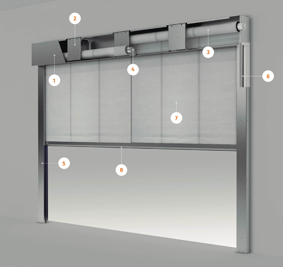 Tecnitex smoke curtain technical breakdown with labelled components and structural details