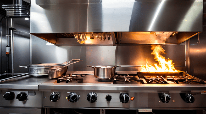 Commercial kitchen fire on stovetop highlighting the need for fire compartmentation in restaurant critical areas