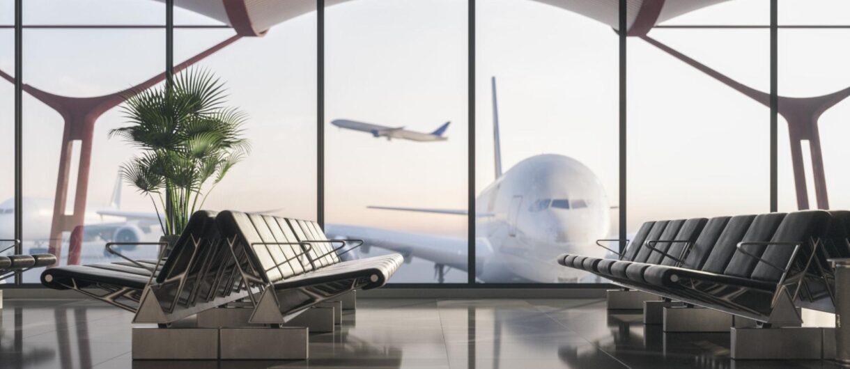 Airport terminal with aircraft in the background, emphasizing the importance of effective fire compartmentation systems